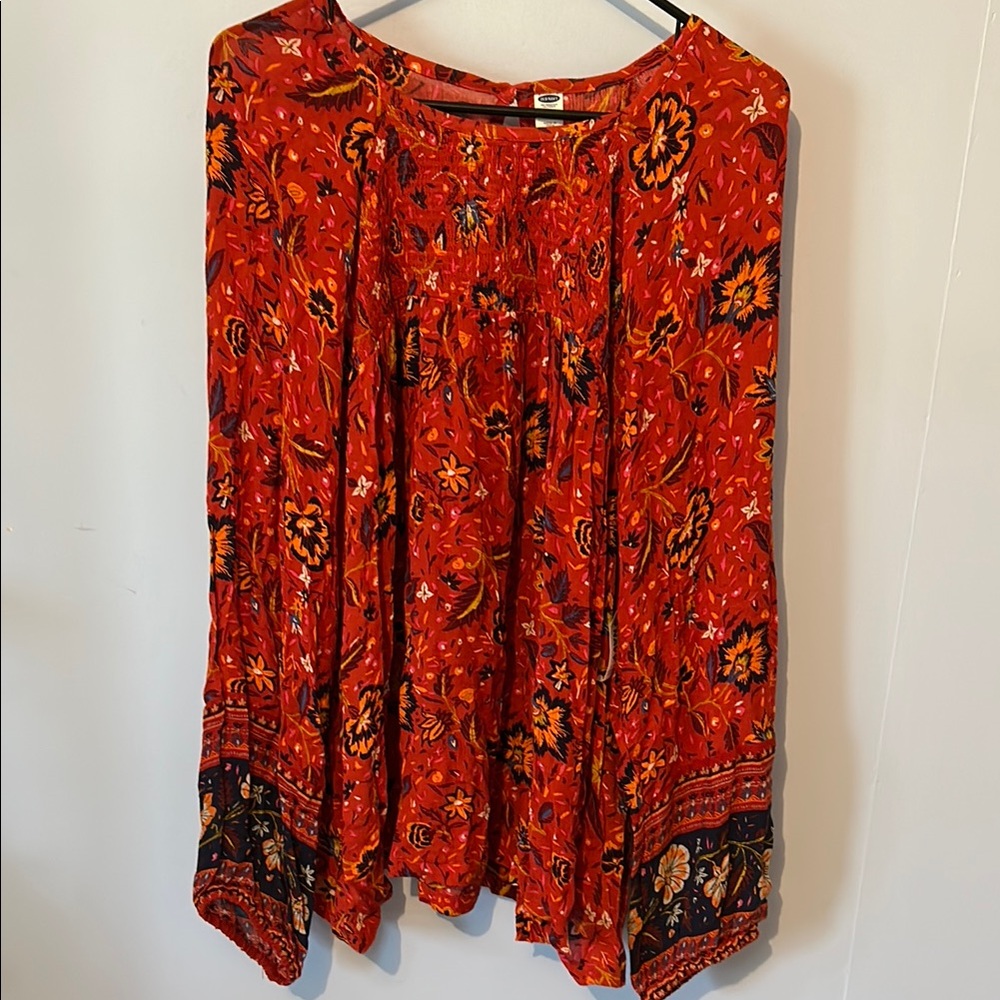 Old Navy Floral Red Bohemian Blouse Elastic sleeves Size XXL NWT